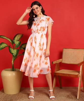 Orange floral print georgette western dress 1
