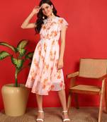Orange floral print georgette western dress