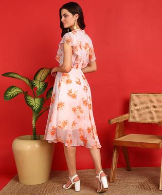 Orange floral print georgette western dress 2