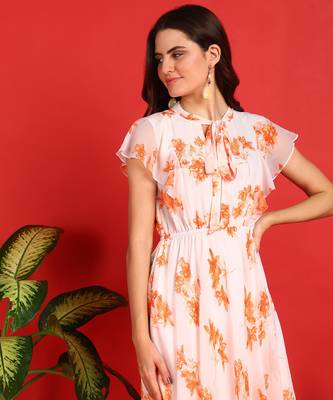 Orange floral print georgette western dress 5