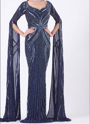 "NAVY BLUE HAND EMBROIDERY ZARI WORK LONG SLEEVE WEDDING KAFTAN " 1