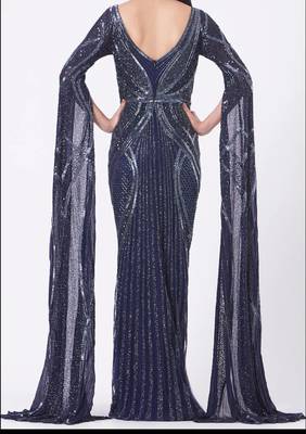 "NAVY BLUE HAND EMBROIDERY ZARI WORK LONG SLEEVE WEDDING KAFTAN " 2