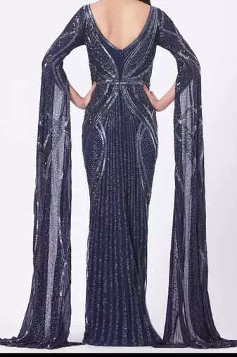 "NAVY BLUE HAND EMBROIDERY ZARI WORK LONG SLEEVE WEDDING KAFTAN "
