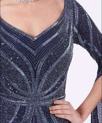 "NAVY BLUE HAND EMBROIDERY ZARI WORK LONG SLEEVE WEDDING KAFTAN " 3