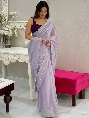 Lavender Colour Pure Soft Burberry Zimmy Choo Silk Blend Sarees With Unstitched Blouse  4