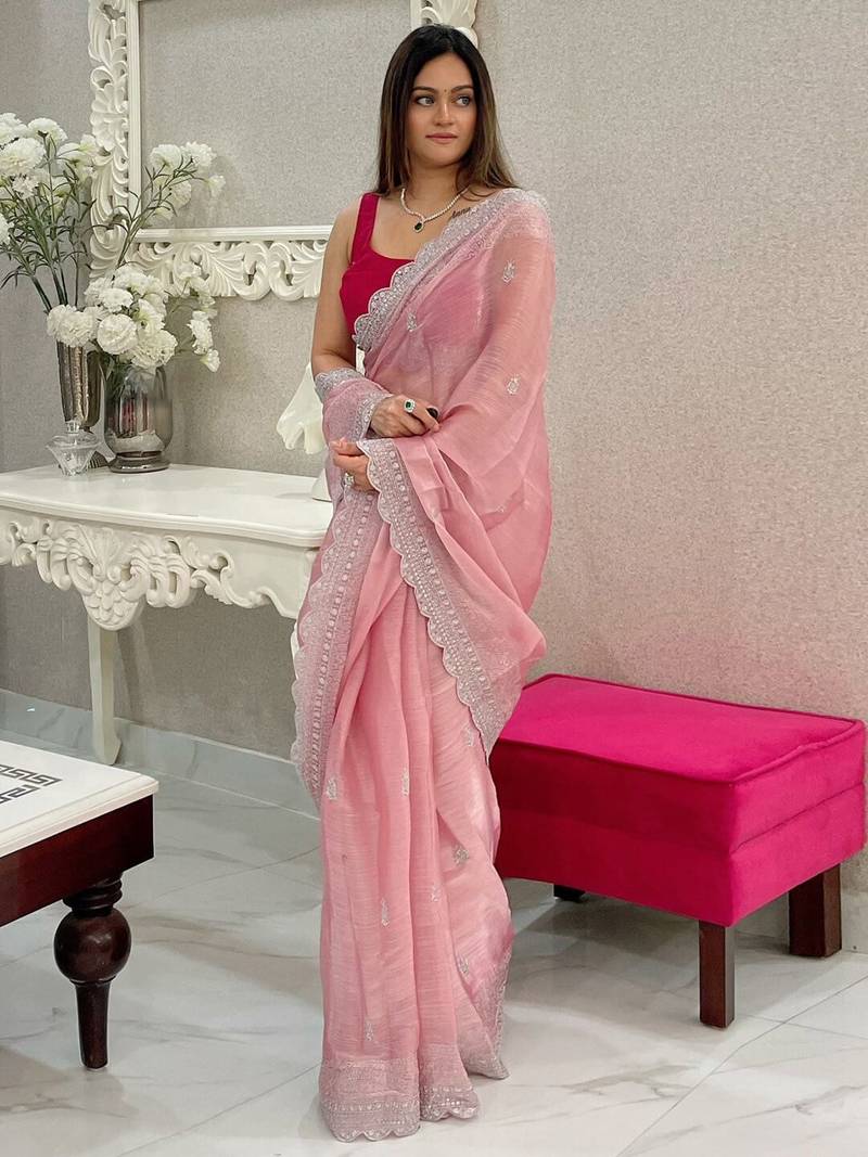 Baby Pink Jimmy Choo Silk Sequin Embroidered Saree with Unstitched Blouse
