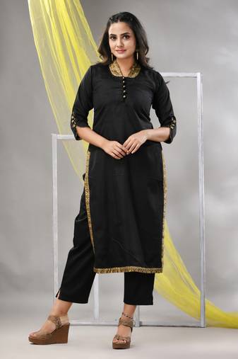 Black satin solid straight kurta set