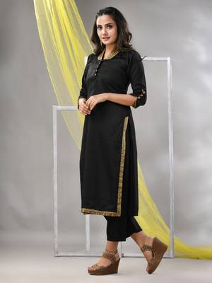 Black satin solid straight kurta set 2