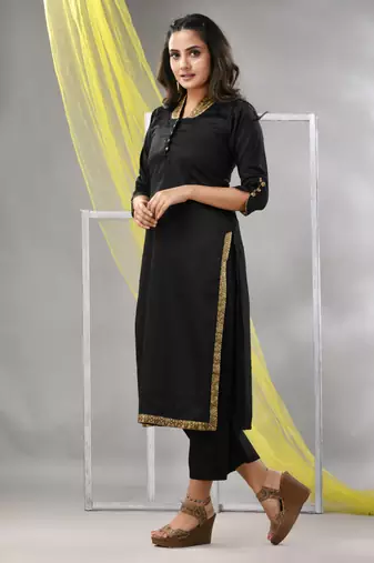 Black satin solid straight kurta set
