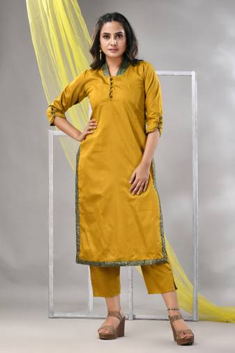 Mustard satin solid straight kurta set