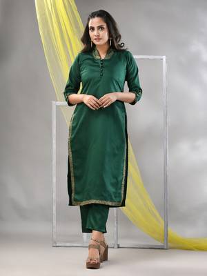Green satin solid straight kurta set 1
