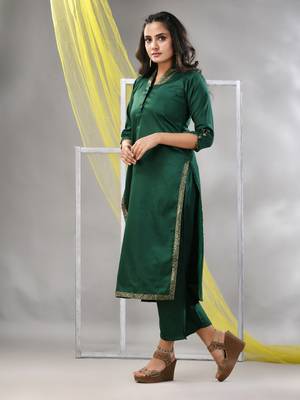 Green satin solid straight kurta set 2