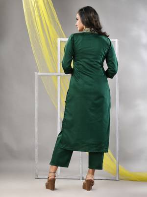 Green satin solid straight kurta set 3