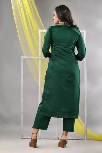 Green satin solid straight kurta set