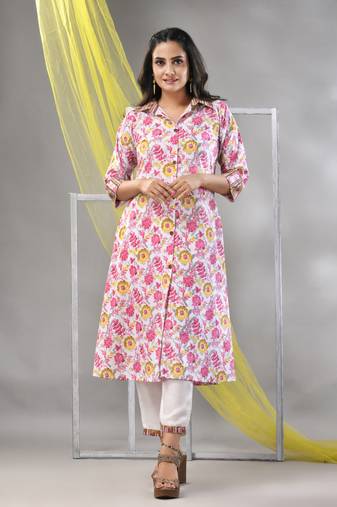 White cotton printed a-line kurta set