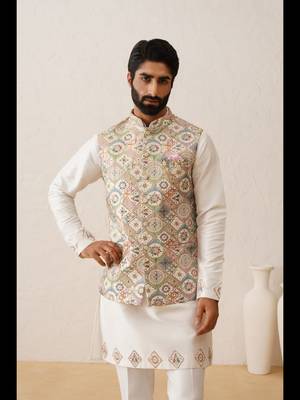 Multicolor thread embroidered nehru jacket  kurta set 1