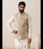 Multicolor thread embroidered waistcoat kurta set