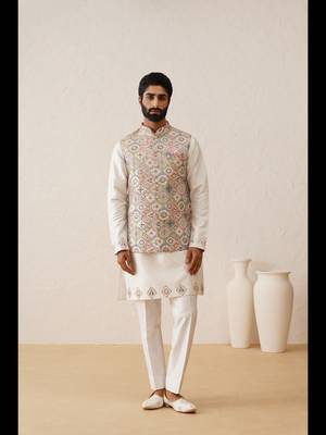 Multicolor thread embroidered nehru jacket  kurta set 2
