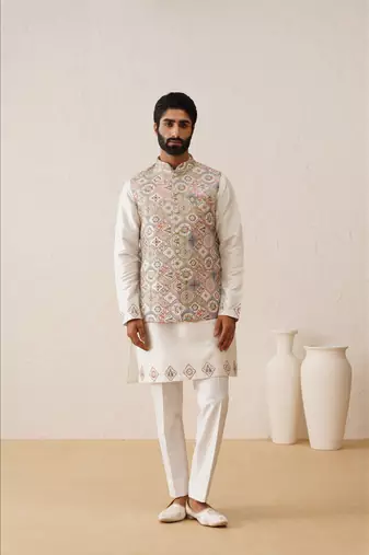 Multicolor thread embroidered waistcoat kurta set