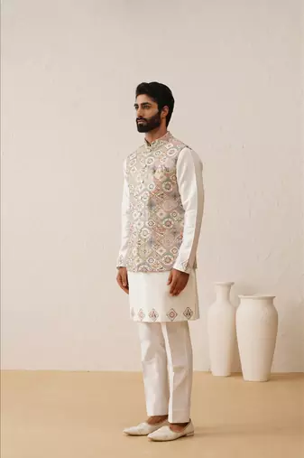 Multicolor thread embroidered waistcoat kurta set