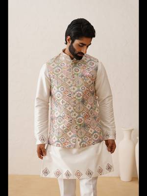 Multicolor thread embroidered nehru jacket  kurta set 4