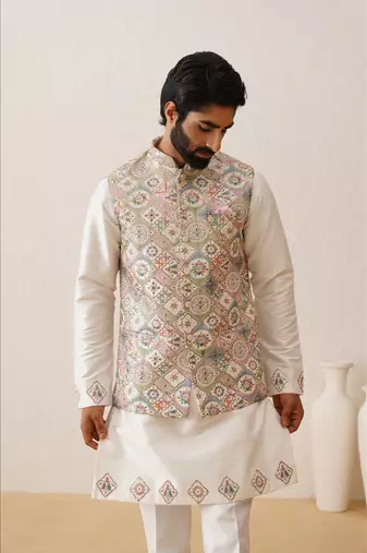 Multicolor thread embroidered waistcoat kurta set