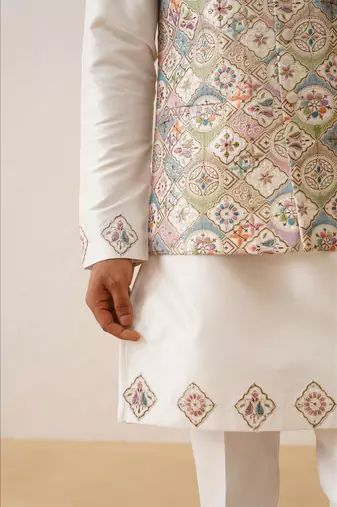 Multicolor thread embroidered waistcoat kurta set