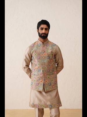 Rose gold thread embroidered nehru jacket  kurta set 1