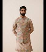 Rose gold thread embroidered waistcoat kurta set