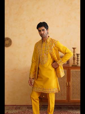 Mustard hand embroidered nehru jacket  kurta set 1
