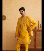 Mustard hand embroidered waistcoat kurta set