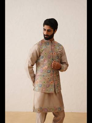 Rose gold thread embroidered nehru jacket  kurta set 2