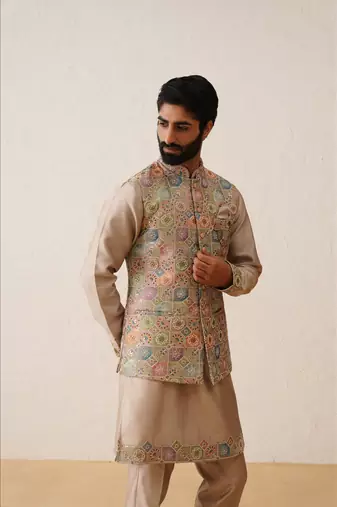 Rose gold thread embroidered nehru jacket  kurta set