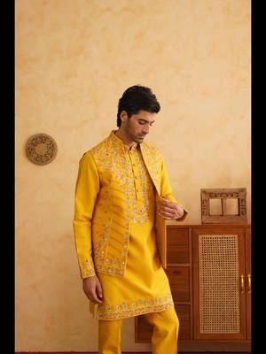 Mustard hand embroidered nehru jacket  kurta set 2