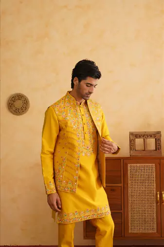 Mustard hand embroidered waistcoat kurta set