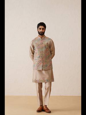 Rose gold thread embroidered nehru jacket  kurta set 3