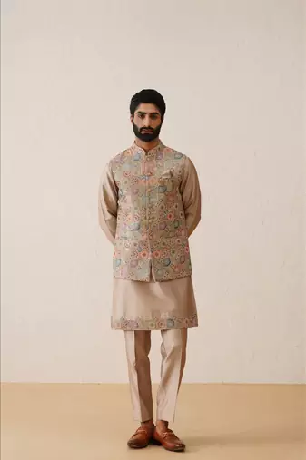 Rose gold thread embroidered nehru jacket  kurta set