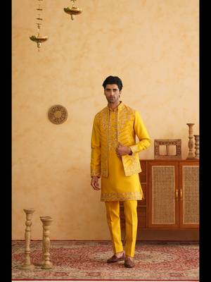 Mustard hand embroidered nehru jacket  kurta set 3