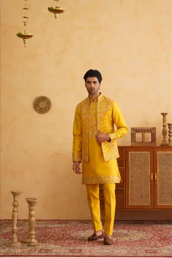 Mustard hand embroidered waistcoat kurta set