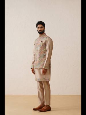 Rose gold thread embroidered nehru jacket  kurta set 4