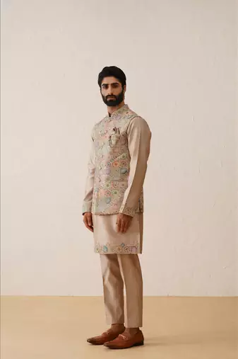 Rose gold thread embroidered nehru jacket  kurta set