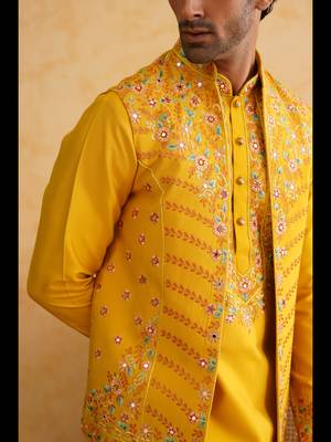 Mustard hand embroidered nehru jacket  kurta set 4