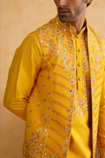 Mustard hand embroidered waistcoat kurta set