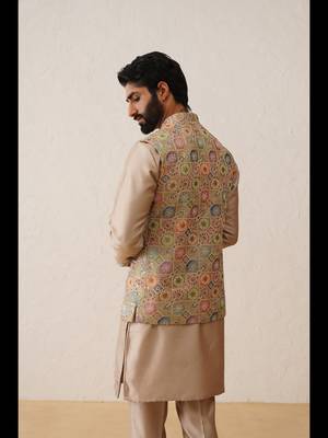 Rose gold thread embroidered nehru jacket  kurta set 5