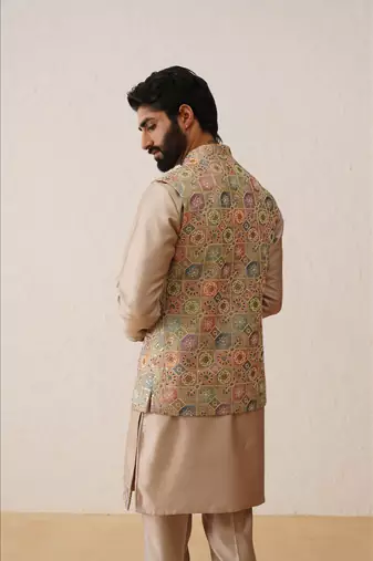 Rose gold thread embroidered nehru jacket  kurta set