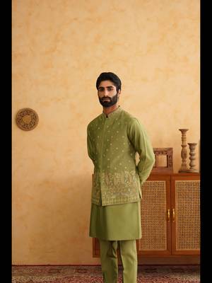 Basil green hand embroidered nehru jacket  kurta set 1