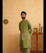 Basil green hand embroidered waistcoat kurta set