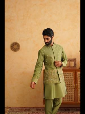 Basil green hand embroidered nehru jacket  kurta set 2