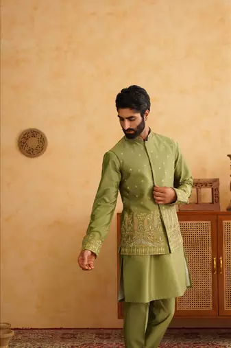 Basil green hand embroidered nehru jacket  kurta set