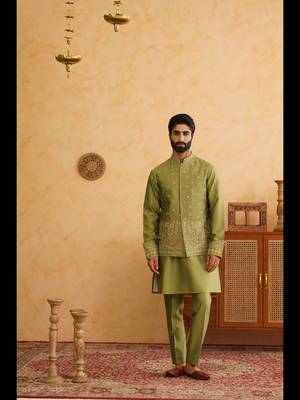 Basil green hand embroidered nehru jacket  kurta set 3